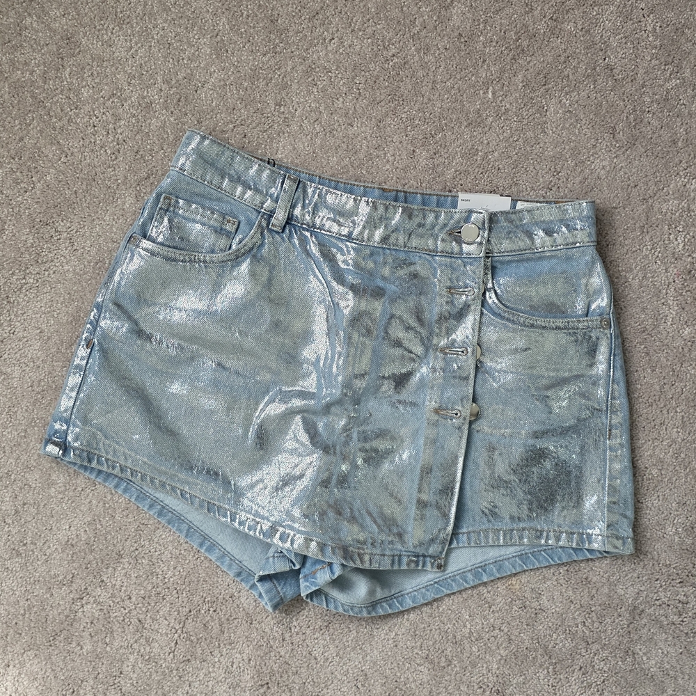 Zara Metallic Light Blue Denim Shorts Skort - Picture 2 of 6